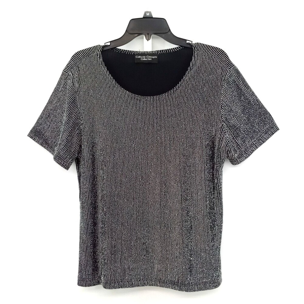 California Concepts Blouse Women Large Black Silver Metallic Ribbed Short Sleeve